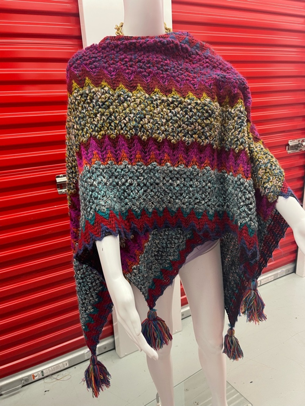 Roffe Multicolor Open-Knit Shawl with Teal Trim